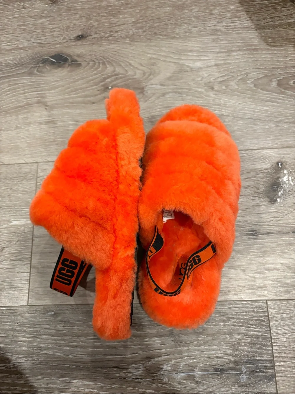 UGG Kids Orange Plush Slide Slippers with Branded Strap